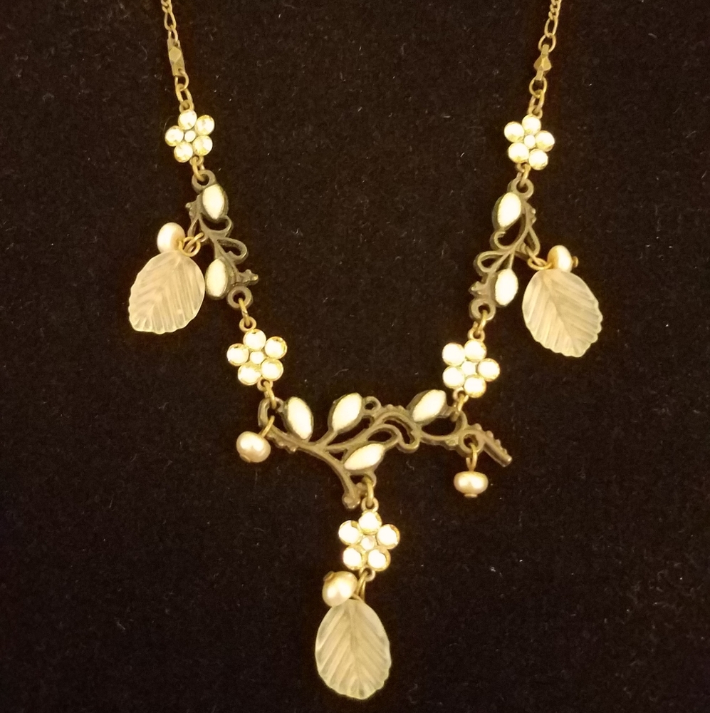 Vintage Anne Koplik Designs Antique Bronze, Crystal, Swirly Floral Necklace